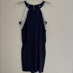 Lilly Pulitzer Navy Halter Romper with White Lace Trim